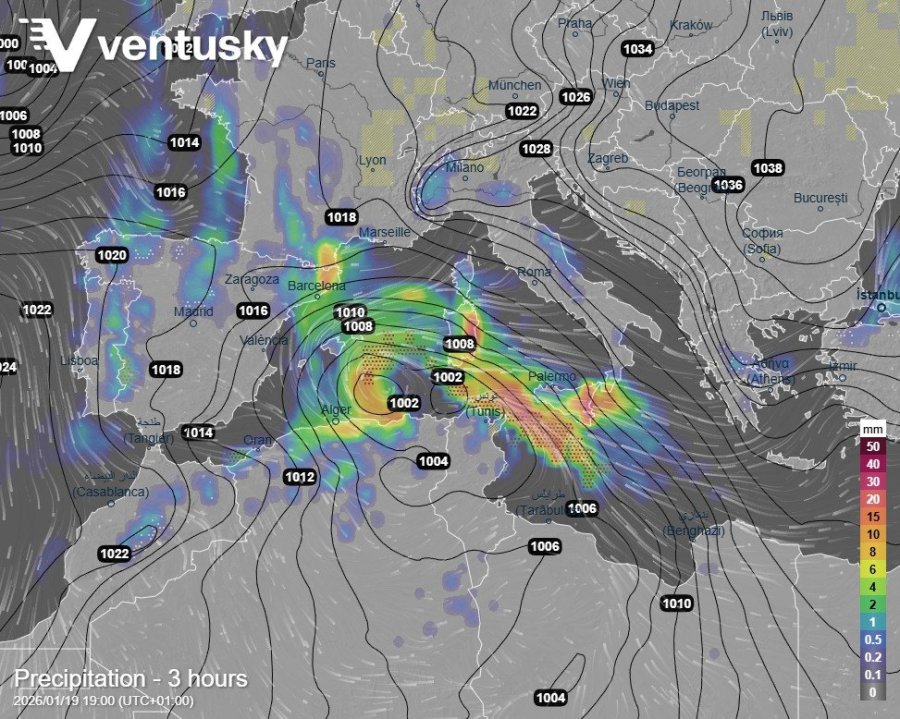 přízemní tlakové pole a srážky v pondělí v 19h