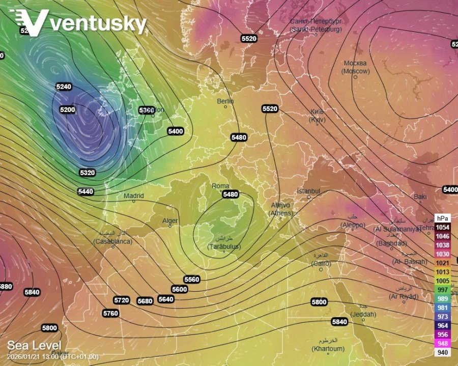 přízemní a výškové tlakové pole ve středu v 13h