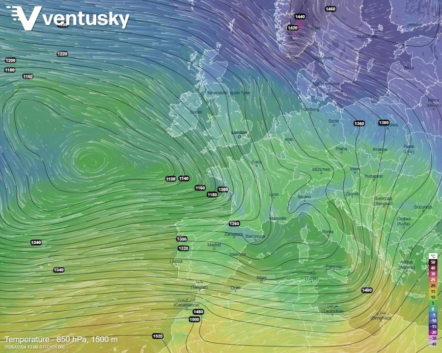 teploty a proudění ve středu v hladině 850 hPa