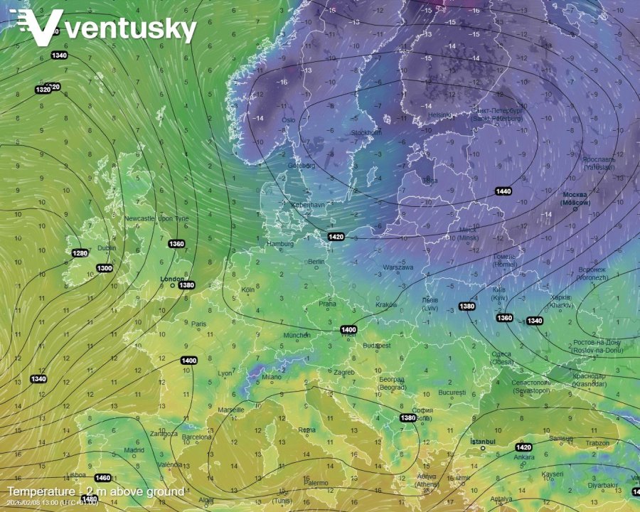 teploty a tlakové útvary v neděli