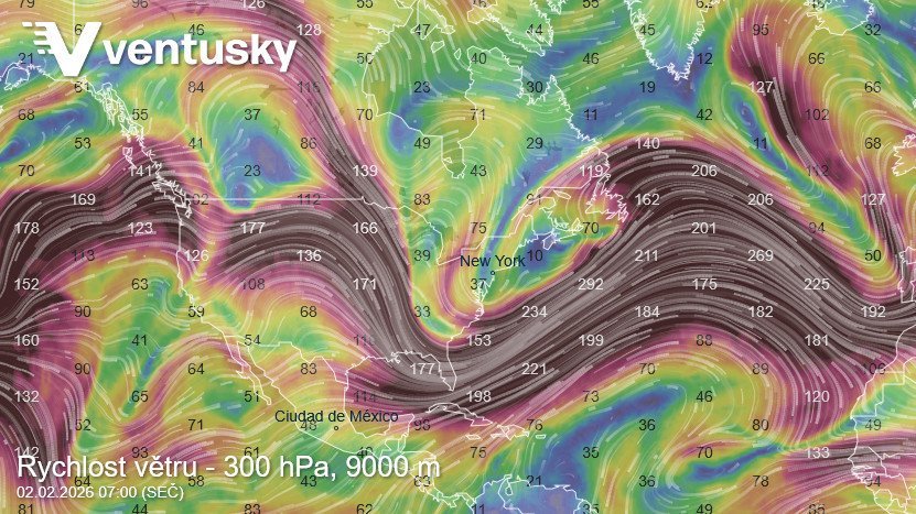  výrazně meandrující tryskové proudění 2. února 