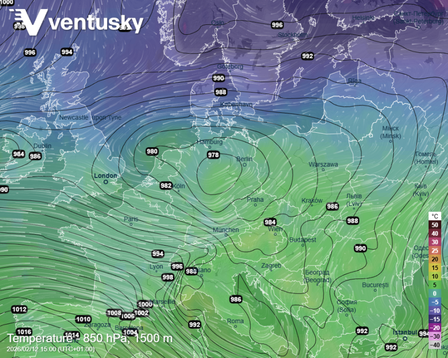 tlaková níže Nils s teplotním polem