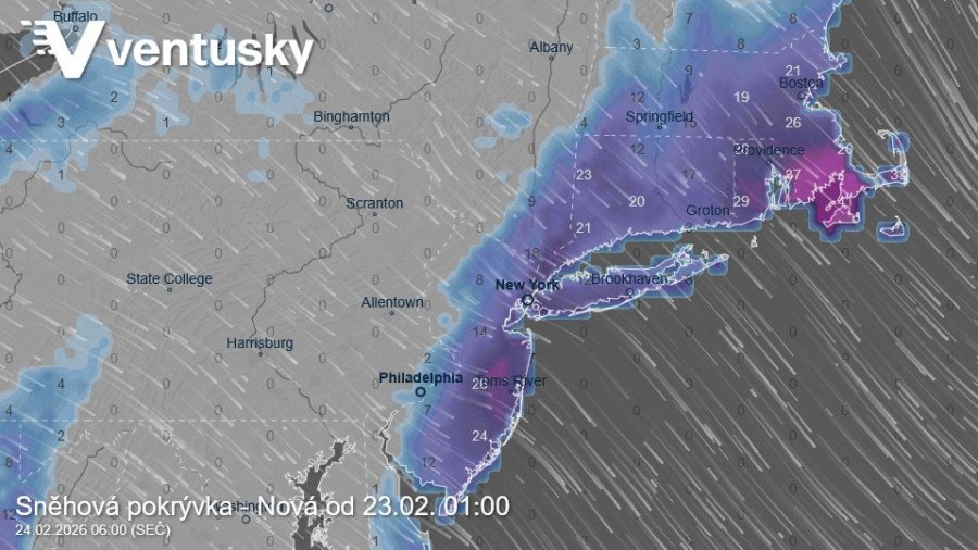  Očekávané úhrny nového sněhu za pondělí (část sněhu už ale před tím napadla během neděle) 