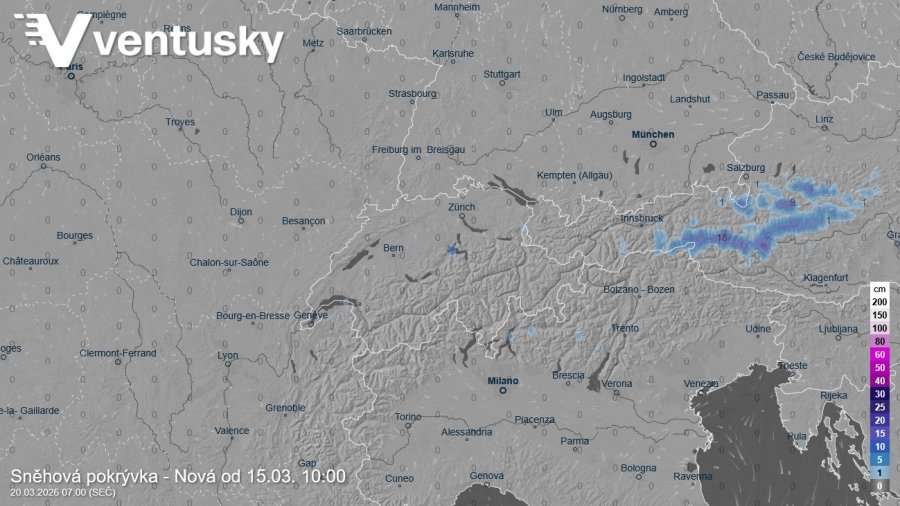 Očekávaná suma nového sněhu do pátečního rána podle modelu ICON
