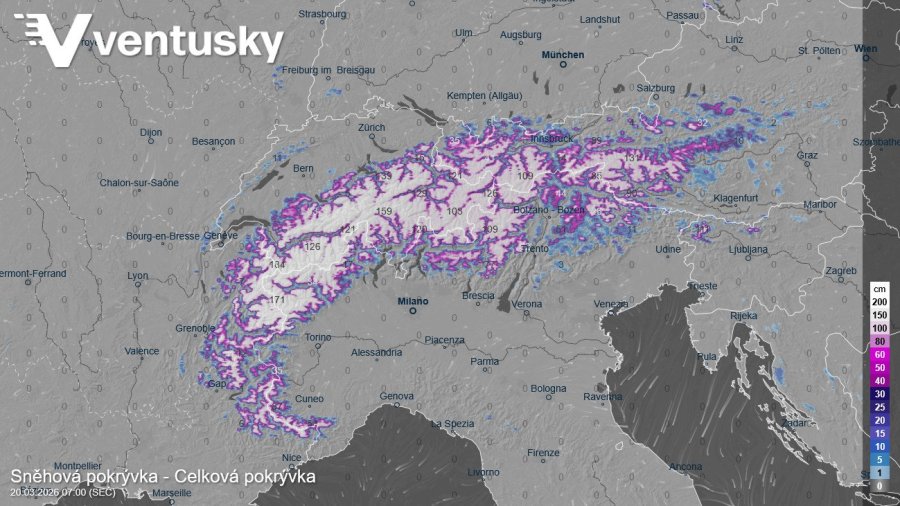 Aktuální výška sněhu v Alpách