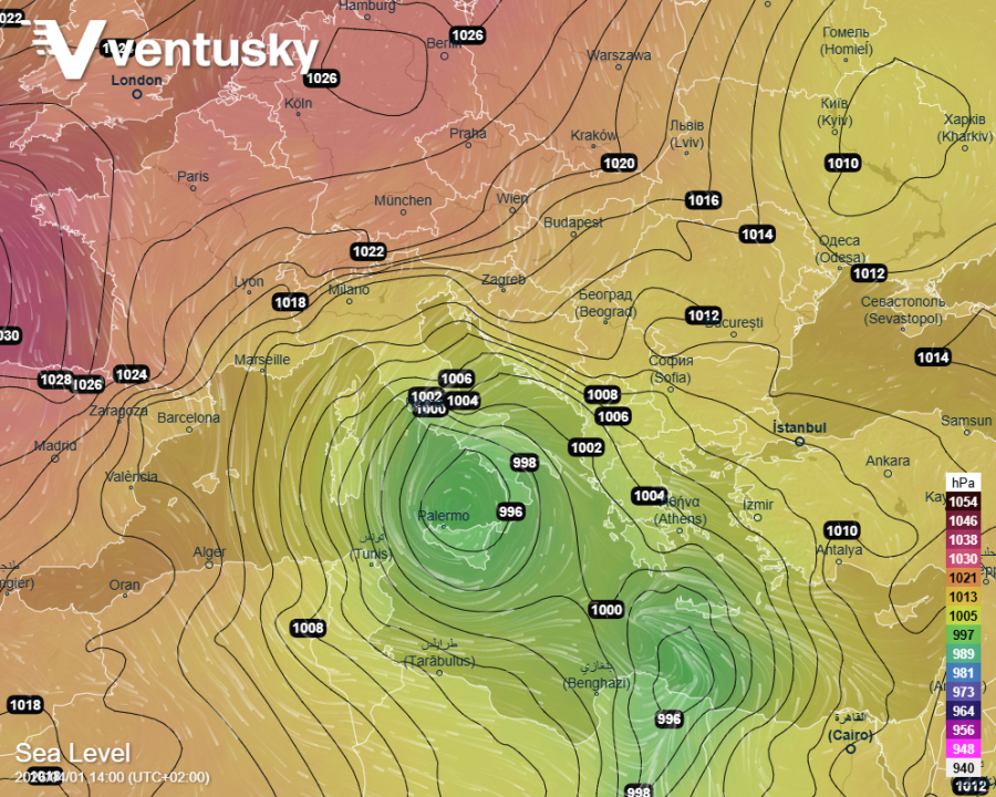 poloha tlakové níže ve středu odpoledne