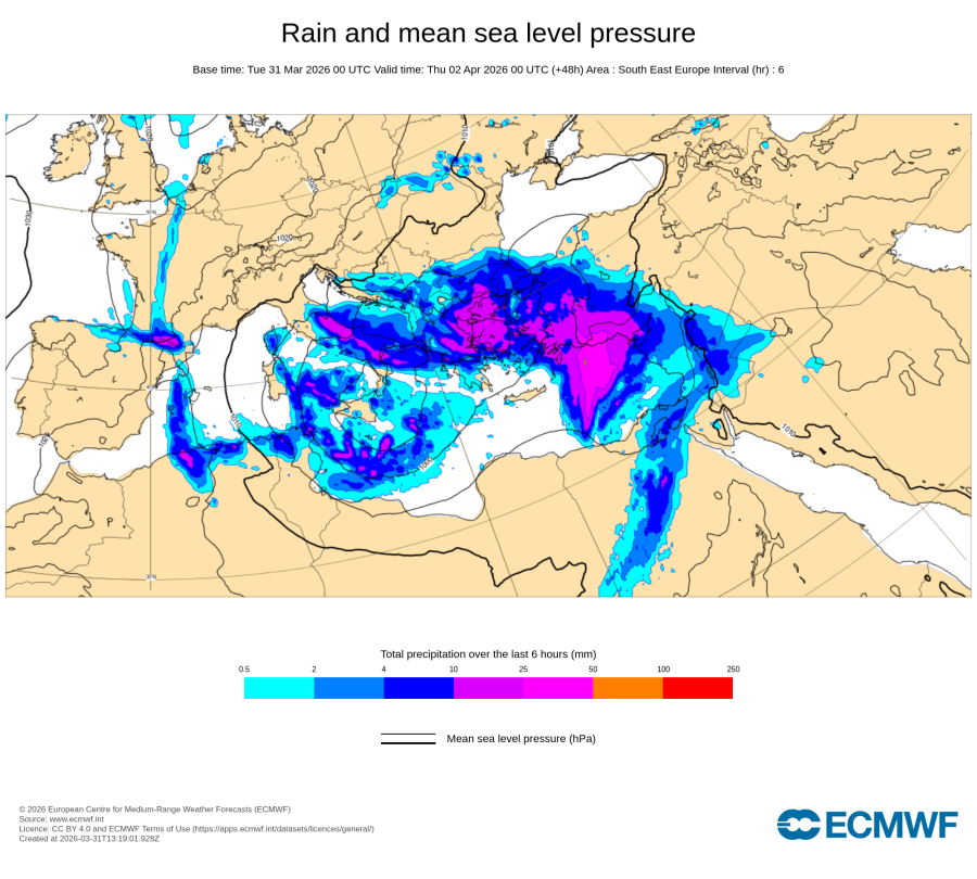 Výstup „klasického“ modelu (ECMWF) – 6hodinová předpověď srážek pro minulý čtvrtek