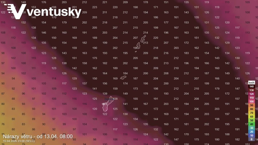 Očekávané nejsilnější nárazy větru (podle modelu ICON) do středečního večera