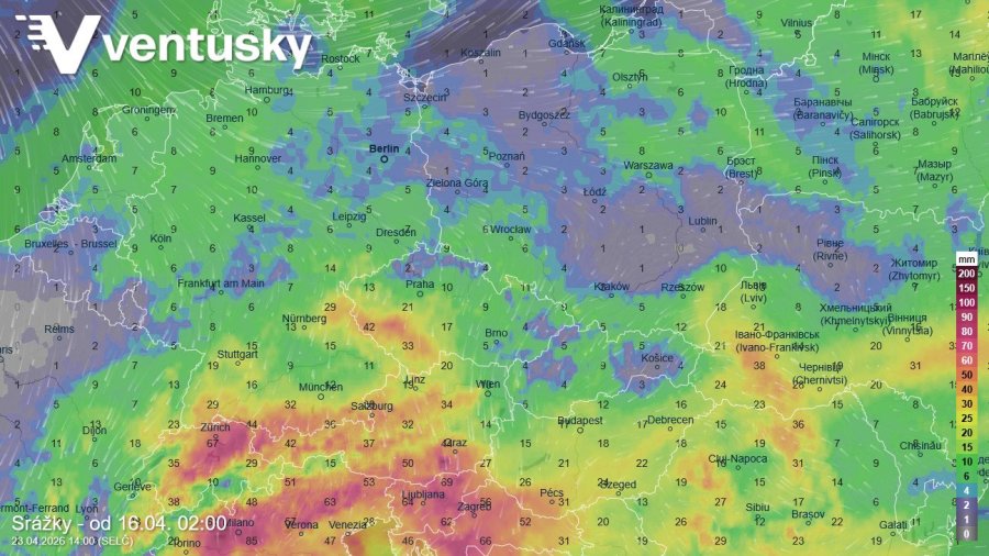   Očekávané srážkové úhrny do poloviny příštího týdne podle modelu ICON 