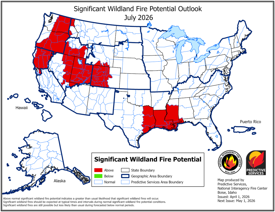 Výhled významného potenciálu přírodních požárů pro červenec