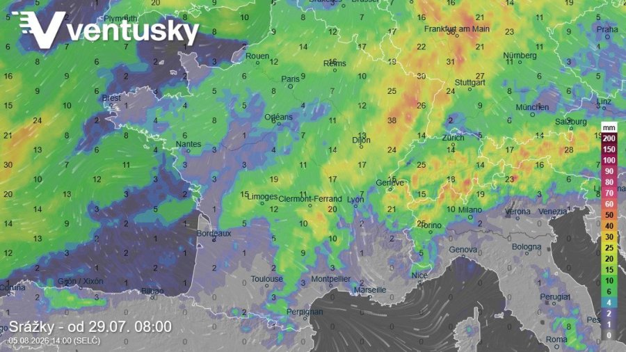 Očekávané srážky do příští středy