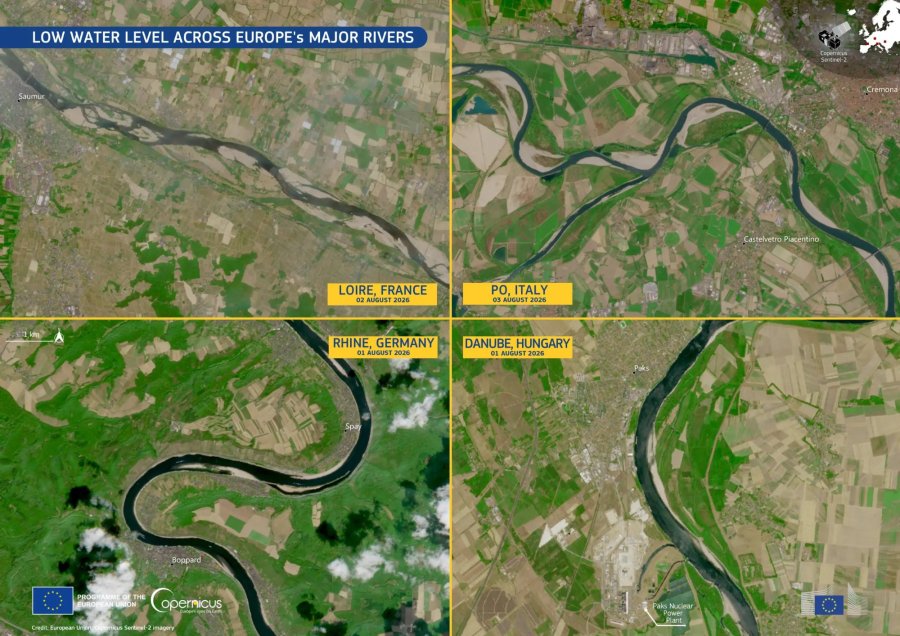 Snímky z družice Copernicus Sentinel-2 pořízené začátkem srpnem ukazují mimořádně nízké hladiny vody v úsecích čtyř největších evropských řek: Loiry poblíž Saumuru ve Francii, Pádu u Cremony v Itálii, Rýna u Boppardu v Německu a Dunaje poblíž Paksu v Maďarsku. Dobře patrné rozsáhlé písečné a štěrkové mělčiny, obvykle skryté pod vodou