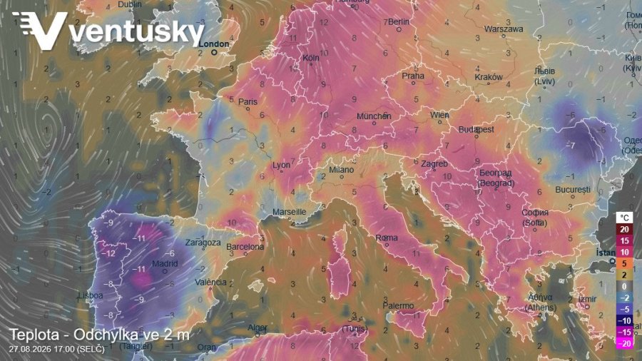 Odchylka teploty vzduchu ve čtvrtek pozdě odpoledne ukazuje výrazně chladnější Pyrenejský poloostrov, zatímco velmi teplý vzduch bude kromě centrálního Středomoří i v západní polovině Evropy střední